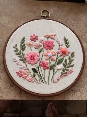Hand-Embroidered Pink & Green Floral Hoop Art 8”